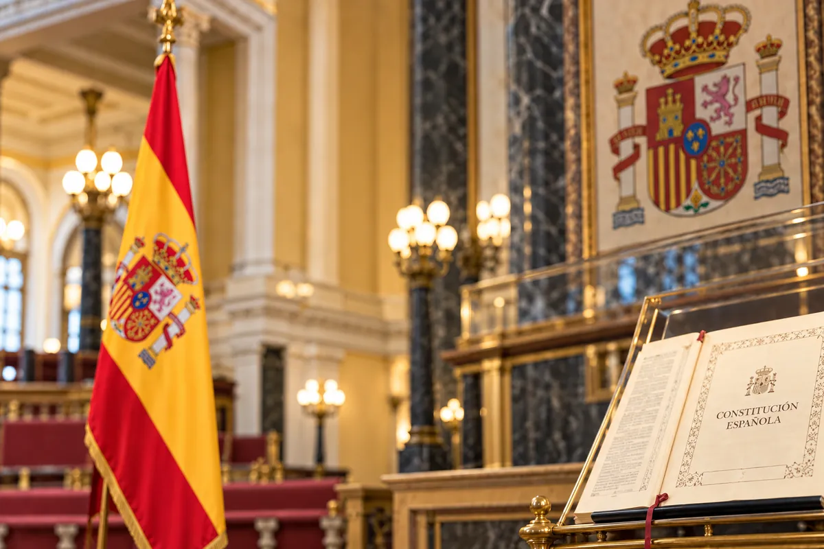 Bandera de España junto a un ejemplar de la Constitución española